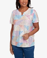Alfred Dunner Women's Keyhole Geometric Patchwork Top