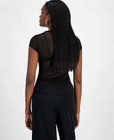 Bar Iii Women's Mesh Cap-Sleeve Semi-Sheer Top, Exclusively at Macy's