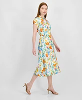 T Tahari Women's Collared V-Neck Cap-Sleeve Midi Dress