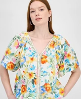 T Tahari Women's Floral-Print Embroidered V-Neck Blouse