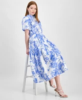 T Tahari Women's Puff-Sleeve Button-Front Midi Dress