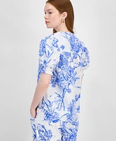 T Tahari Women's Printed Split-Neck Puff-Sleeve Top