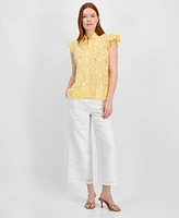 T Tahari Women's Cotton Eyelet Flutter-Sleeve Top