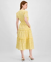 T Tahari Women's Cotton Eyelet Tiered Midi Dress