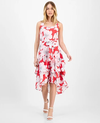Anne Klein Women's Printed Tie-Waist High-Low-Hem Dress