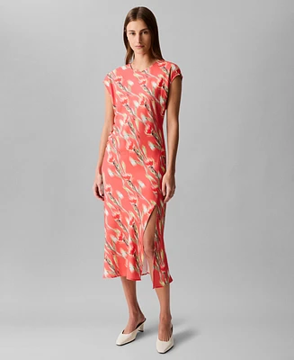 Calvin Klein Women's Cap Sleeve Printed Satin Midi Dress