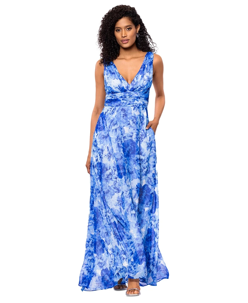 Betsy & Adam Women's Floral V-Neck Ruched-Waist Gown