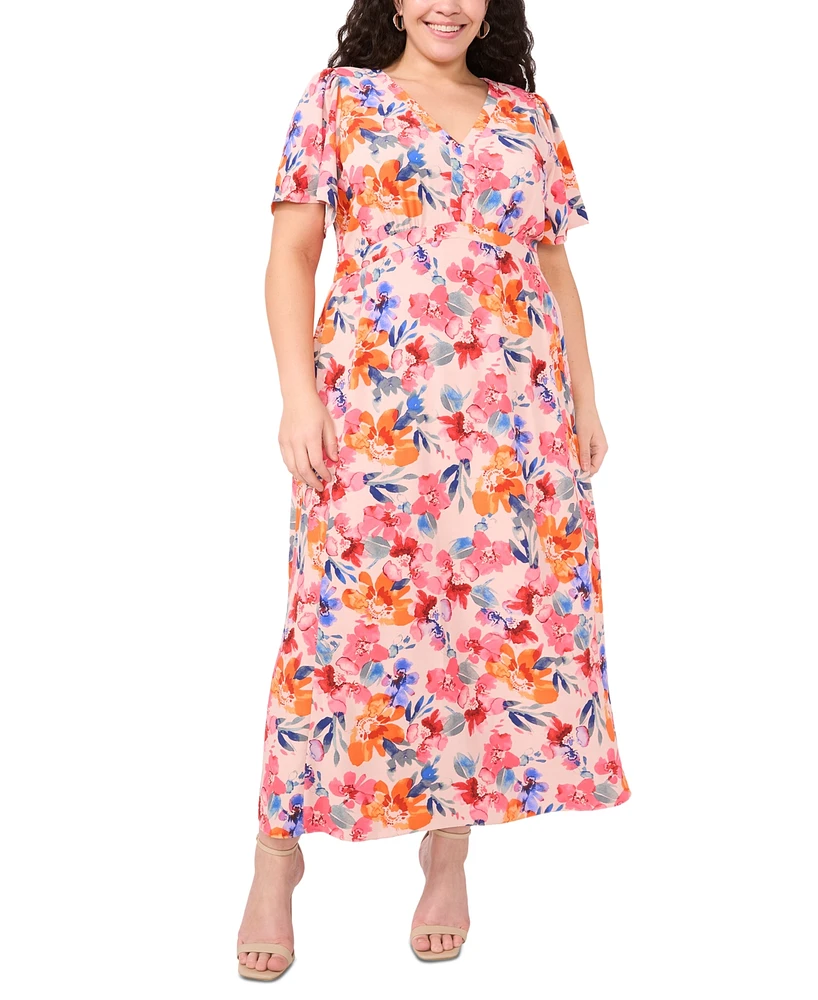 Msk Plus Floral-Print Flutter-Sleeve Maxi Dress