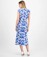 Anne Klein Printed Sweetheart-Neck Short-Sleeve Midi Dress
