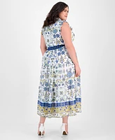 Anne Klein Plus Printed Smocked-Waist Patio Shirtdress