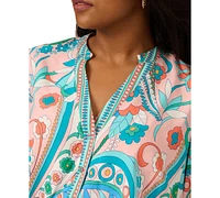 Adrianna Papell Plus Printed Long-Sleeve Belted Dress