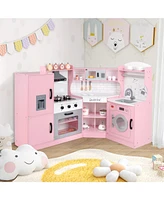 Corner Play Kitchen Toddler Playset with Range Hood, Ice Maker, Microwave