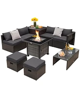 Gymax 9 Pieces Furniture Set w/ 50,000 Btu Propane Fire Pit Table Patio