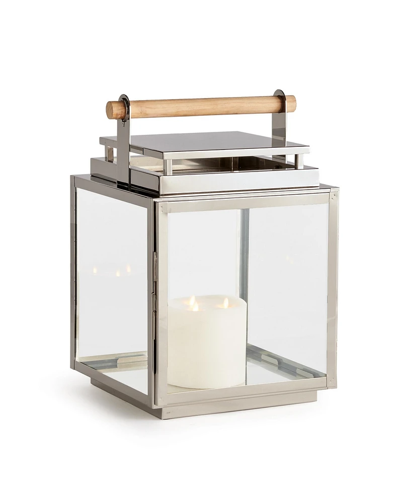14" x 21" Adwin Large Decorative Stainless Steel Chrome Finish Indoor/Outdoor Wide Glass Panes Lantern w/ Teak Handle