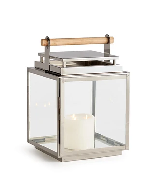 14" x 21" Adwin Large Decorative Stainless Steel Chrome Finish Indoor/Outdoor Wide Glass Panes Lantern w/ Teak Handle