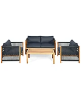 Gymax 4PCS Patio Furniture Set Acacia Wood Outdoor Sofa W/Nylon Rope Armrest Cushions