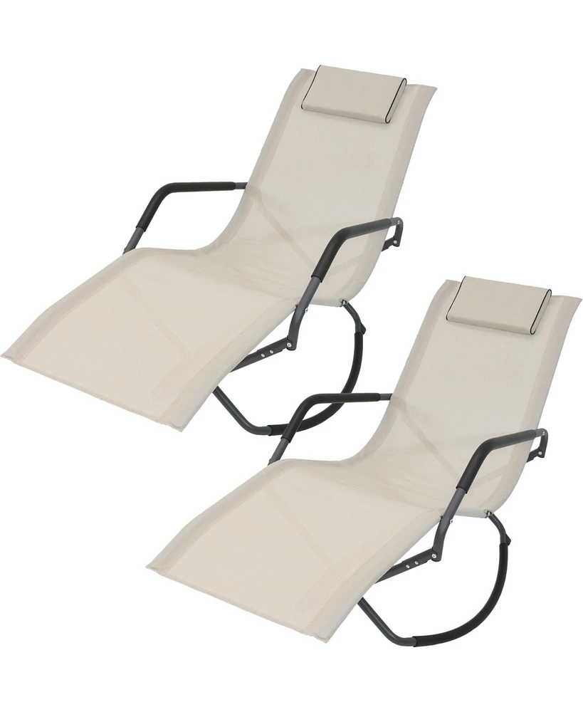 Rocking Chaise Lounge Chair with Headrest Pillow, Outdoor Folding Patio Lounger, Beige, Set of 2