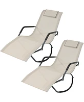 Rocking Chaise Lounge Chair with Headrest Pillow, Outdoor Folding Patio Lounger, Beige, Set of 2