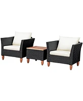 Gymax 3PCS Patio Conversation Furniture Set w/ Wooden Table Top & Feet Cushions