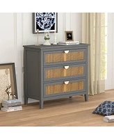 Mondawe 3 Drawer Cabinet,Natural rattan,American Furniture,Suitable for bedroom, living room, study