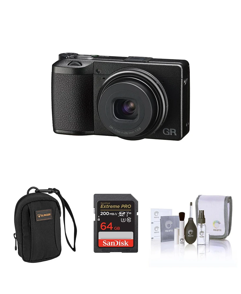 Ricoh Gr IIIx Compact Digital Camera Bundle with 64GB Sd Memory Card, Camera Pouch, Cleaning Kit