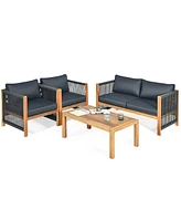 Gymax 8PCS Patio Furniture Set Acacia Wood Outdoor Sofa W/Nylon Rope Armrest Cushions