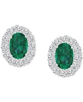 Cubic Zirconia Green Stone Oval Halo Stud Earrings Sterling Silver