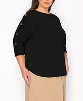 Coin 1804 Plus Textured Rib Button Shoulder 3/4 Sleeve Top