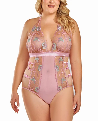 iCollection Plus Sheer Embroidered Bodysuit Lingerie with Bow Accents