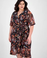 Connected Plus Printed Mesh High-Low Faux-Wrap Dress