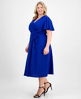 Connected Plus Tie-Waist Flutter-Sleeve Midi Dress