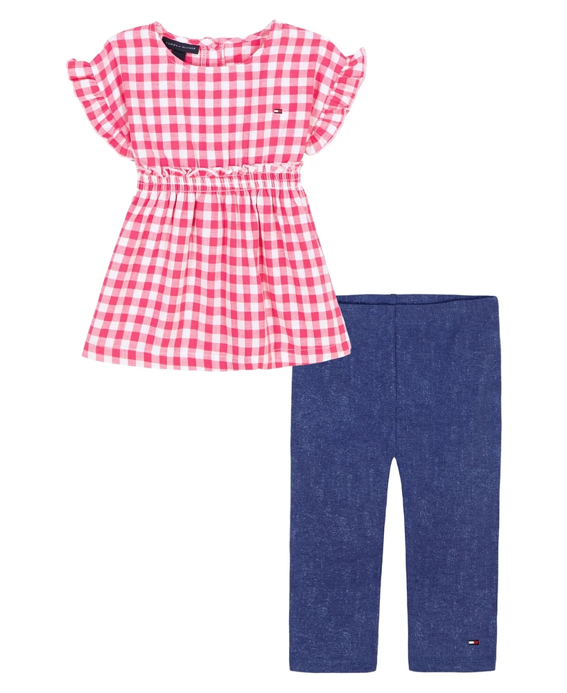 Tommy Hilfiger Little Girls Gingham Flare Tunic & Faux Denim Capri Leggings