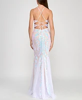 Crystal Doll Juniors' Lace-Up-Back Sequin Mesh Gown