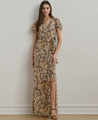 Lauren Ralph Women's Floral Belted Flutter-Sleeve Gown