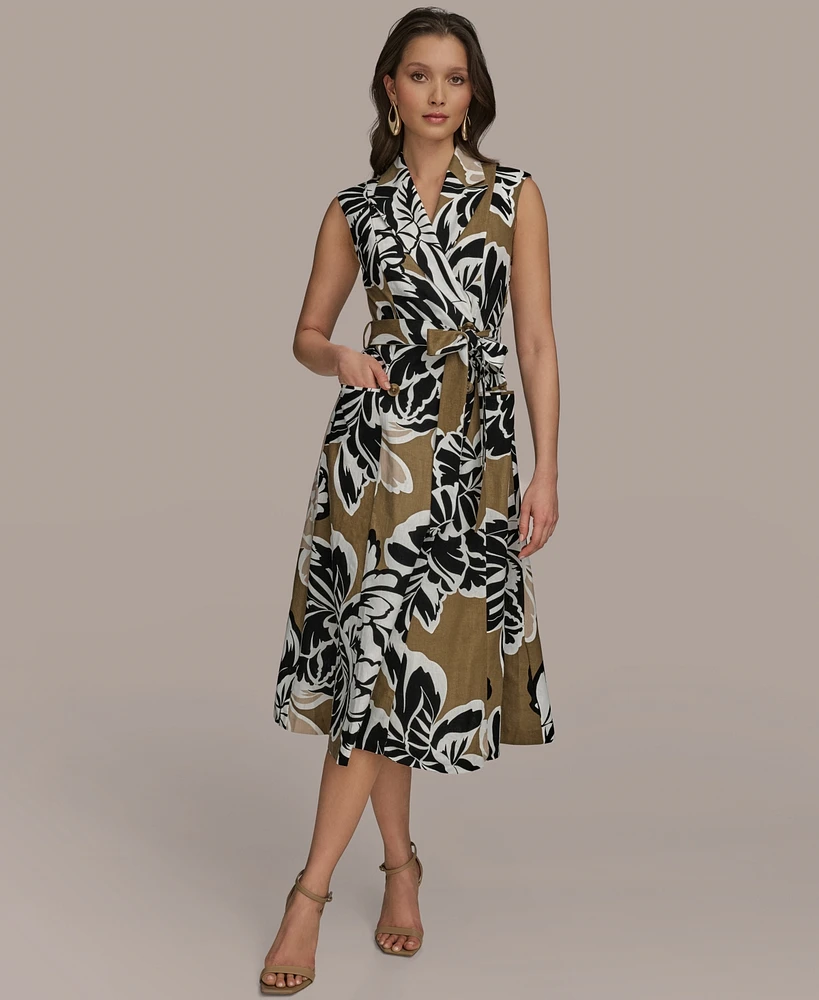 Donna Karan New York Women's Printed Linen-Blend Faux-Wrap Dress