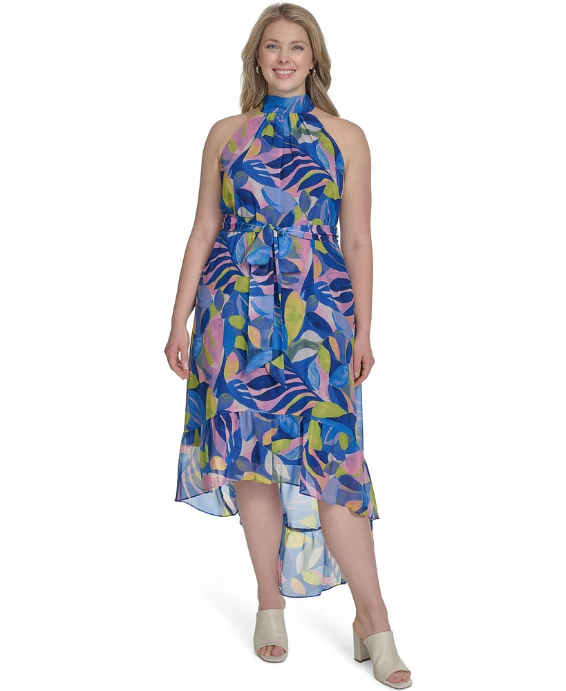 Eliza J Plus Printed Chiffon High-Low Halter Dress