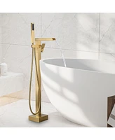 Freestanding Bathtub Faucet Tub Filler Floor Mount Bathroom Faucets Brass Single Handle with Handheld Spray, Brushed Nickel