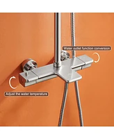 10 Inches Wall Mount Thermostatic Rain Shower System with Handheld and Tub Spout, Brushed Nickel