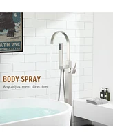 Freestanding Bathtub Faucet Floor Mount Tub Filler Brushed Nickel Brass Bathroom Faucets Single Handle with Hand Shower