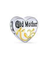 Bling Jewelry Heart Shaped God Mother Charm Bead 14K Gold Plated Sterling Silver for Bracelet