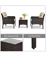 Gymax 3PCS Outdoor Patio Rattan Furniture Set w/ Chairs Coffee Table Cushions