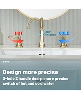 2-Handle Bathroom Sink Faucet with Drain Assembly and Supply Hose Lavatory Mixer Double Handle Tap Deck Mounted, Brushed Gold