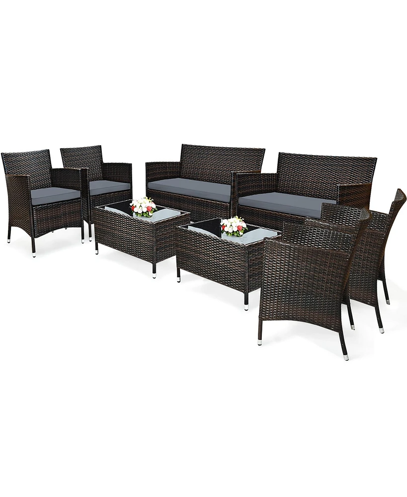 Gymax 8 Pcs Rattan Outdoor Patio Conversation Set Wicker Furniture Set w/ Chair Loveseat