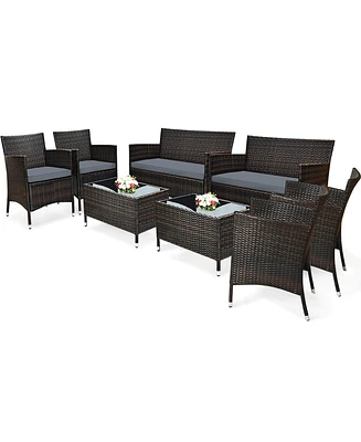 Gymax 8 Pcs Rattan Outdoor Patio Conversation Set Wicker Furniture Set w/ Chair Loveseat