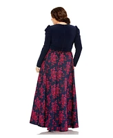 Mac Duggal Plus Long Sleeve Keyhole Knot Neck Floral Bottom Gown