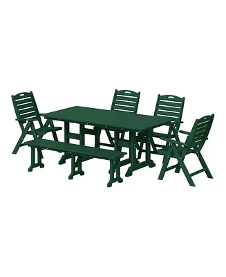 6-Piece Hdpe Rectangular Patio Dining Table Set with Foldable Chairs and Patio Bench