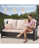 Xizzi Patio Furniture Sets Outdoor Swivel Rocking Chairs with 50,000 Btu Propane Fire Pit Table 7 Pieces All Weather Pe Wicker Conversation Sofa and M