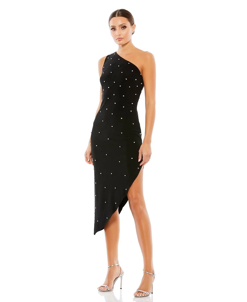 Mac Duggal Women's Rhinestone Encrusted One Shoulder Asymmetrical Hem Midi Dress