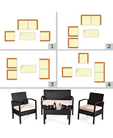 Gymax 4 Piece Patio Rattan Set Sectional Sofa Glass Table w/ Cushions