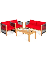 Gymax 8PCS Acacia Wood Outdoor Patio Furniture Conversation Set W/ Cushions